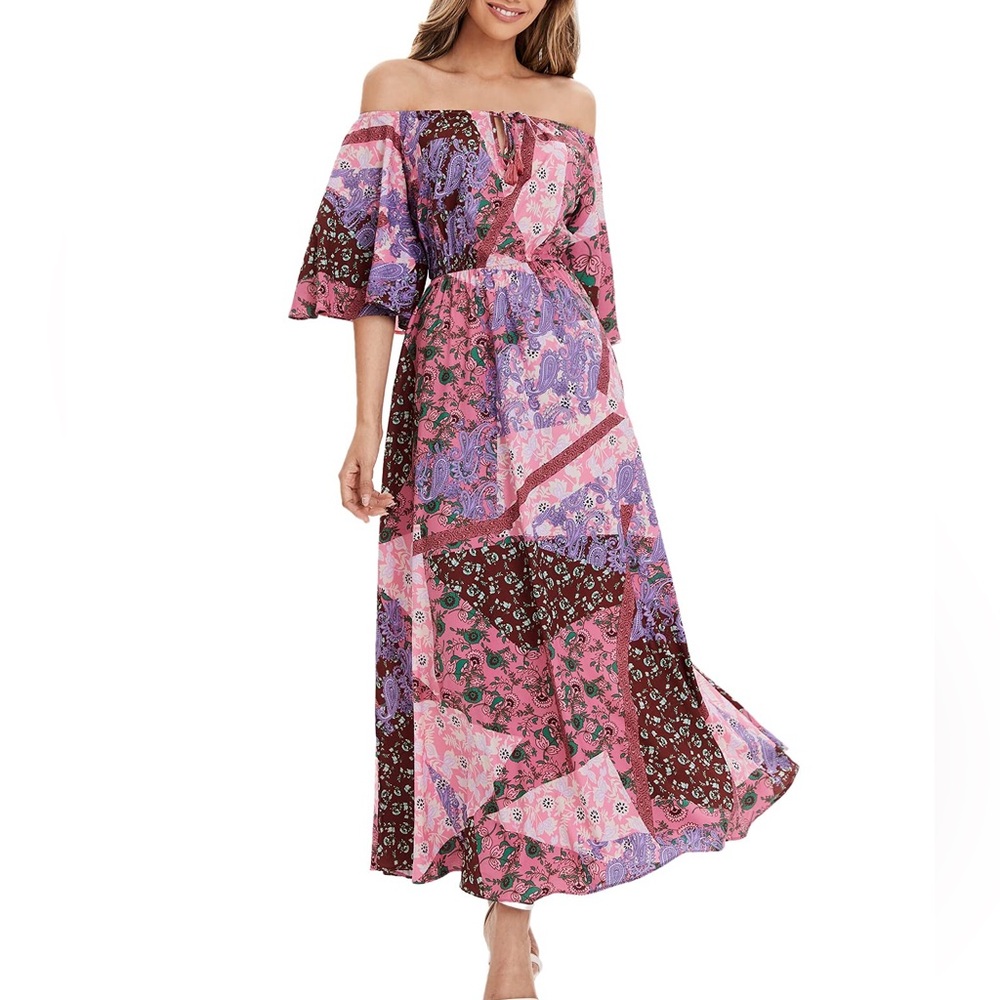 Women's size large L‎ Boho Off The Shoulder Swing patchwork Maxi sun Dress Pink